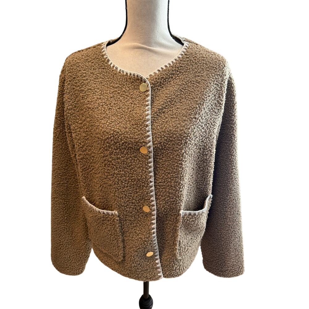 ⭐️ Women J.Crew Tan Sherpa Boxy Sweater Jacket Size XL Cabincore Cozy Warm Fall